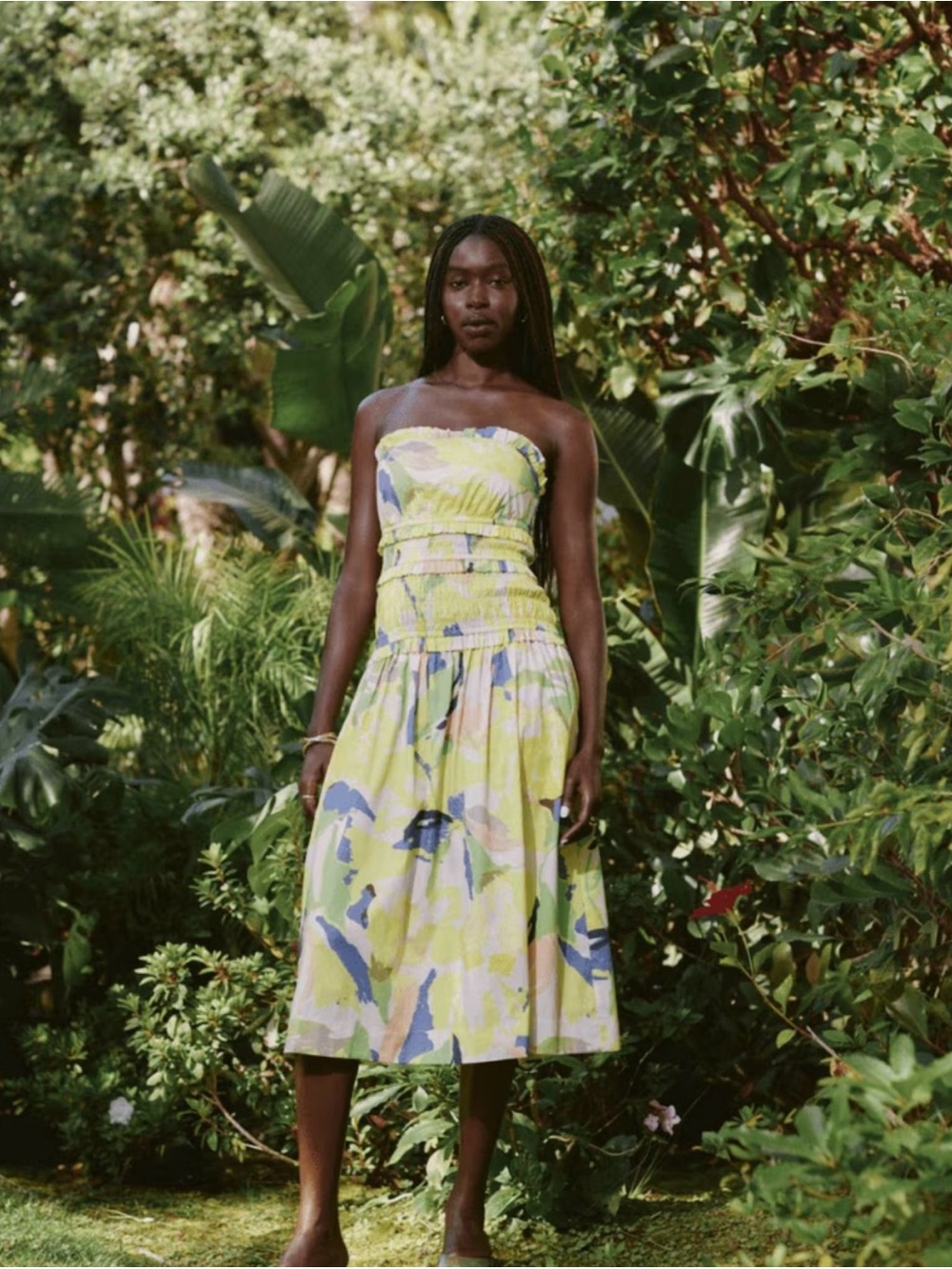 Free Assembly Yellow Floral Strapless Poplin Tiered Midi Dress